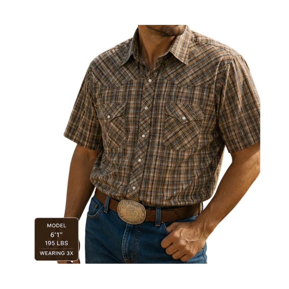 Wrangler Wrancher Shirt Mens Size 3X Short Sleeve  Brown Pearl Snaps Western Y2K